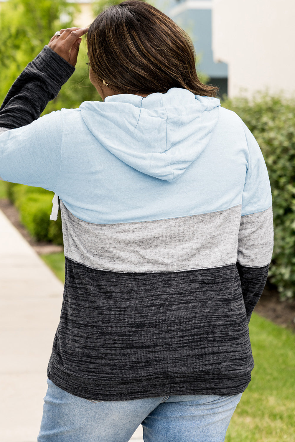 Sky Blue Color Block Long Sleeve Zipper Plus Size Hoodie