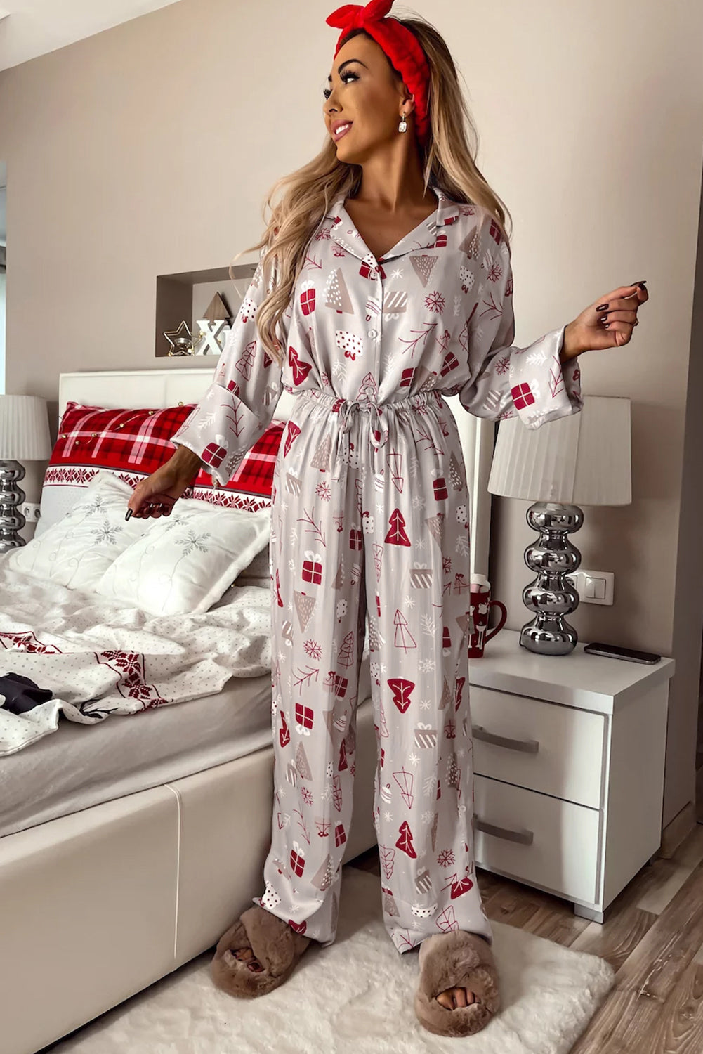 White Christmas Printed Shirt and Pants Pajama Set