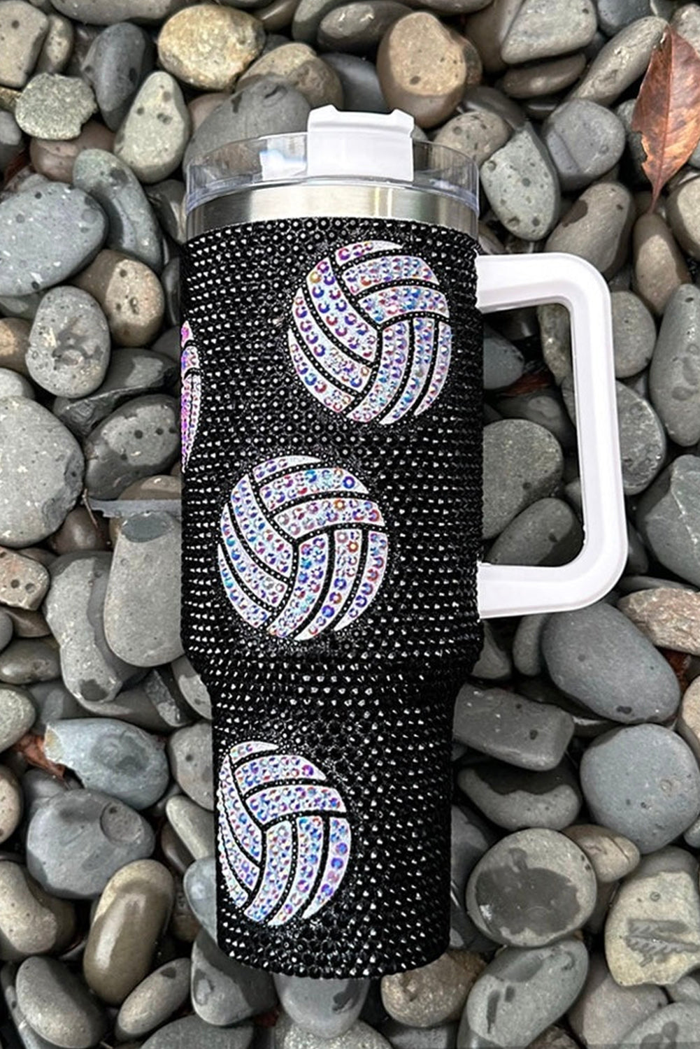 White 40 Oz Rhinestone Volleyball Tumbler with Handle