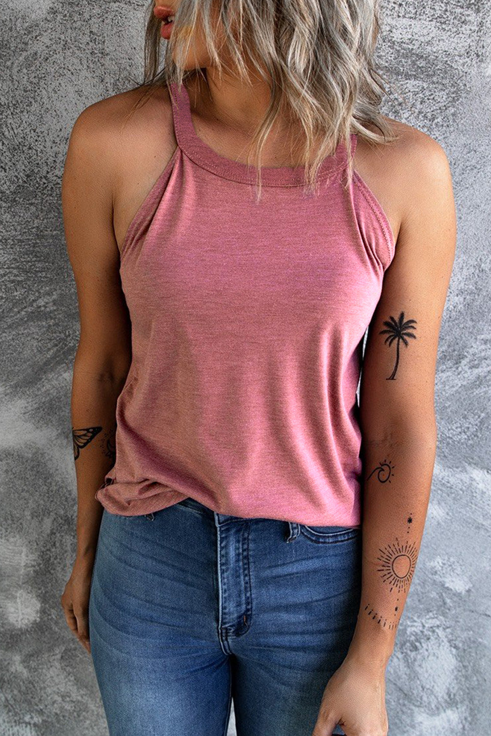 Grey Solid Color Crew Neck Tank Top