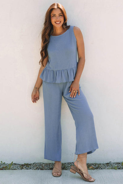 Ensemble débardeur et pantalon côtelés à volants de couleur unie bleu Beau