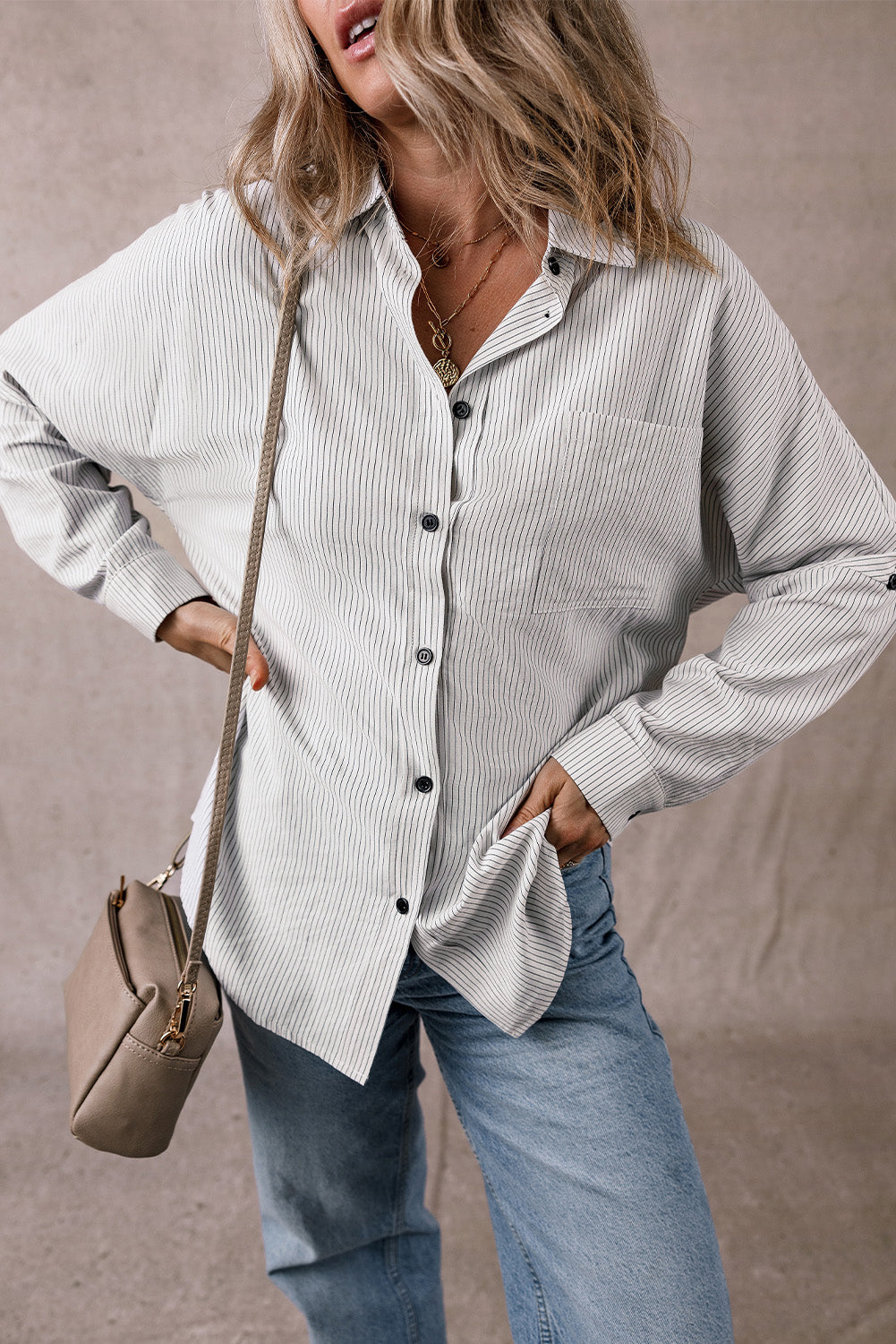 DEAR-LOVER Stripe Roll-tab Sleeve Pocketed Long Shirt