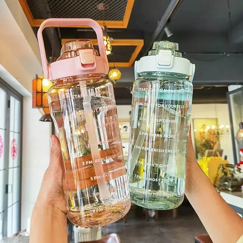 2L Portable Water Bottle Large Capacity Plastic Straw Water Cup Drink Bottle with Time Marker for Outdoor Sports Fitness