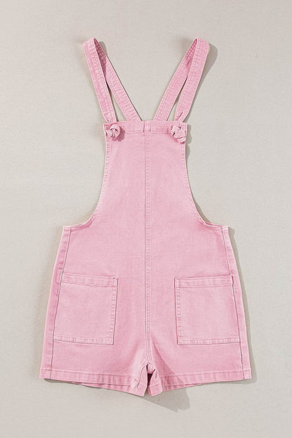 Pink Knot Strap Denim Romper with Pockets – Summer Casual Outfit