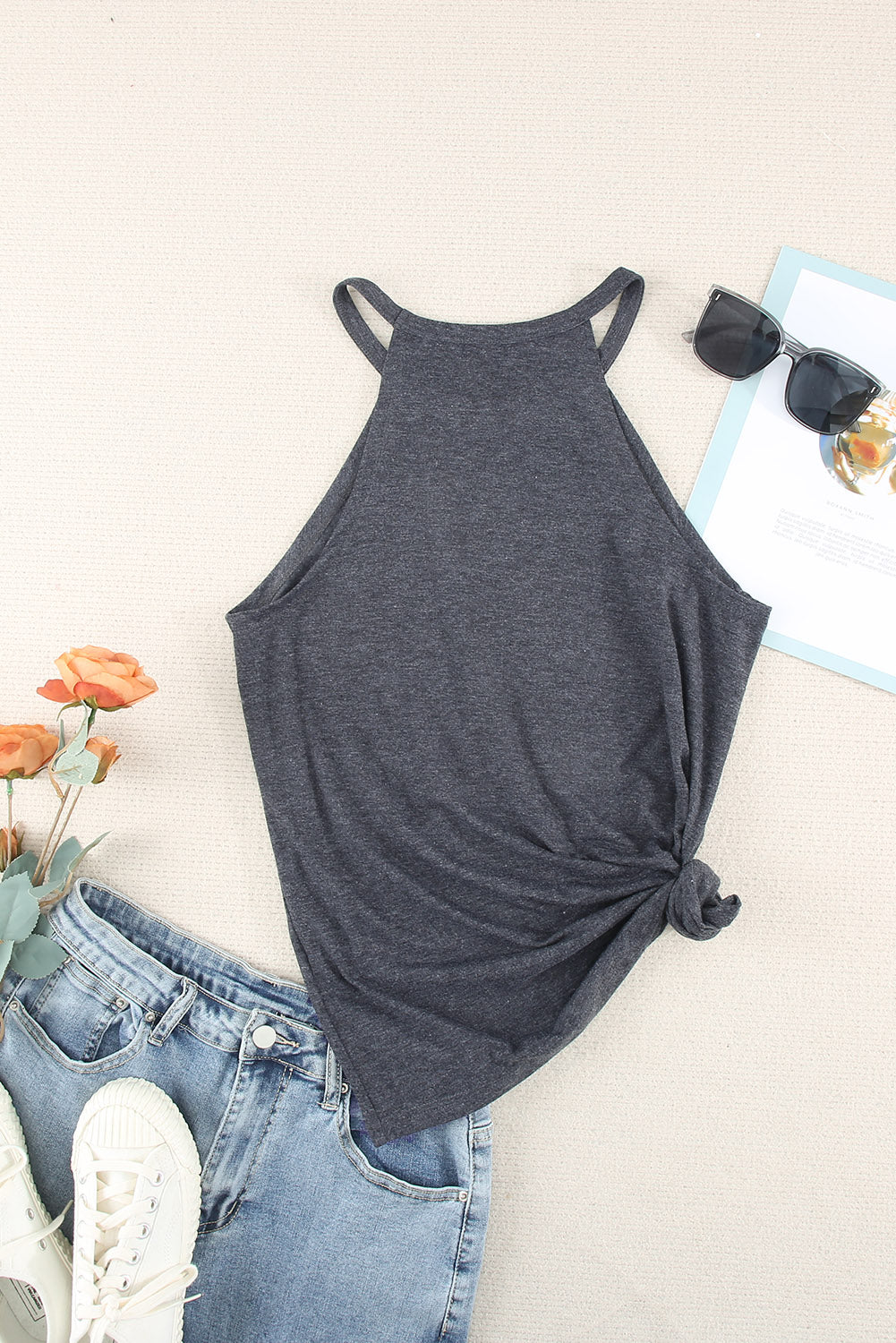 Grey Solid Color Crew Neck Tank Top