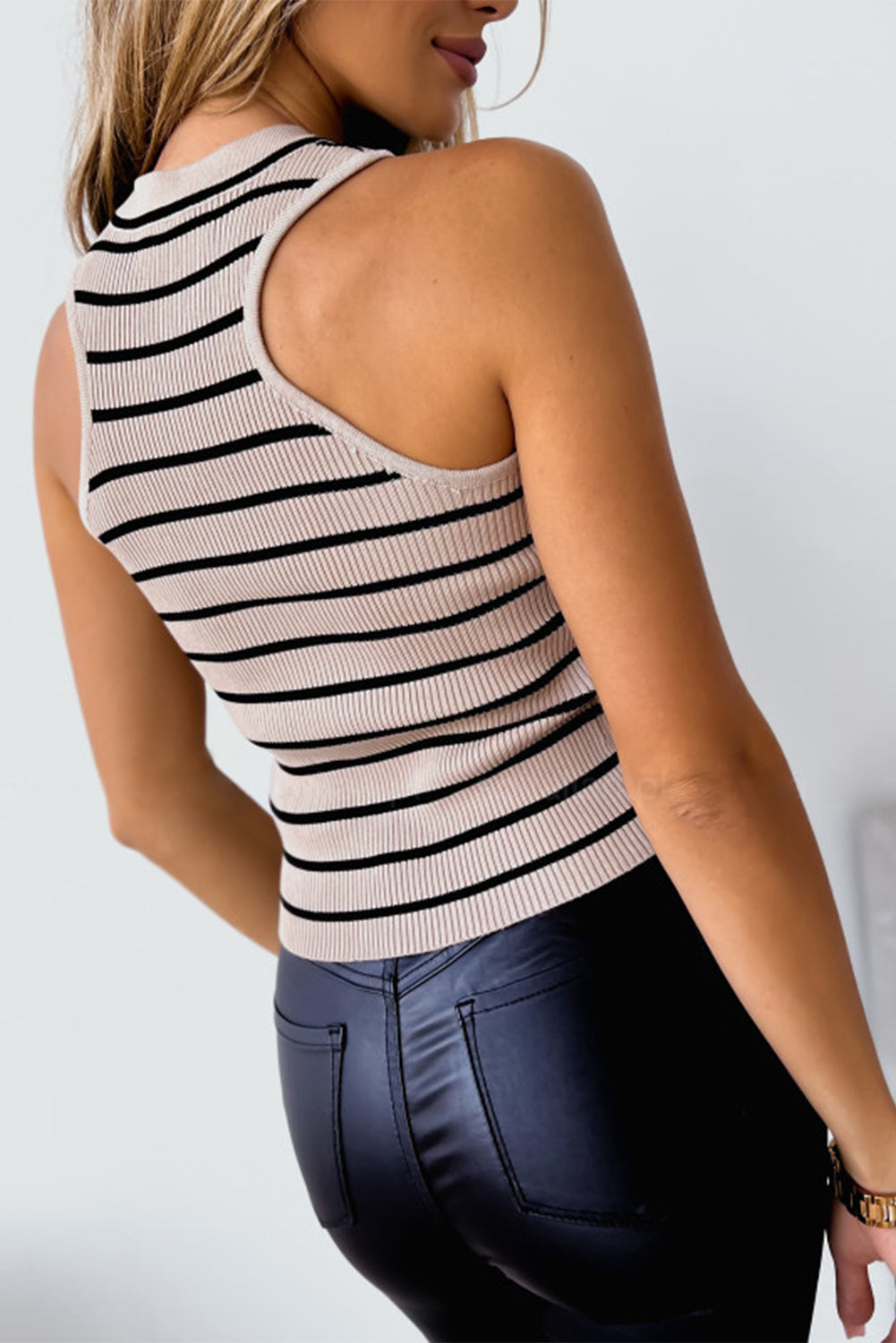 Apricot Striped Print Ribbed O-neck Sleeveless Top