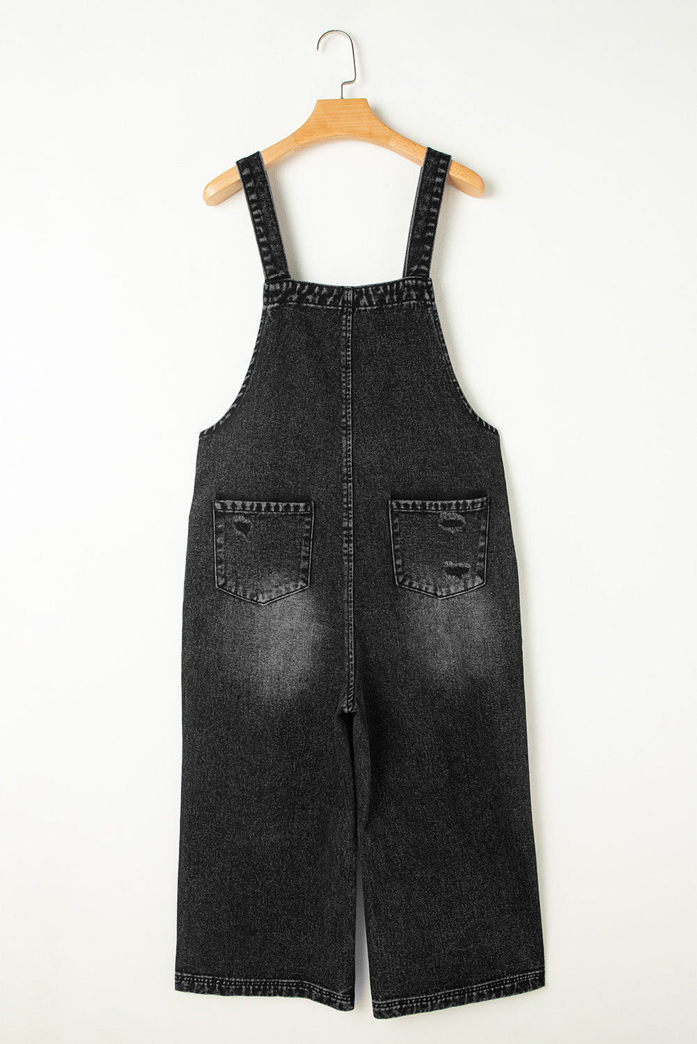 Black Distressed Bib Pocket Wide Leg Denim Overall