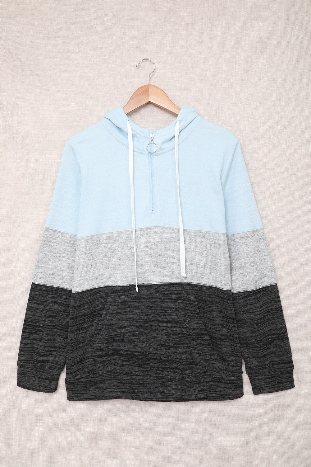 Sky Blue Color Block Long Sleeve Zipper Plus Size Hoodie