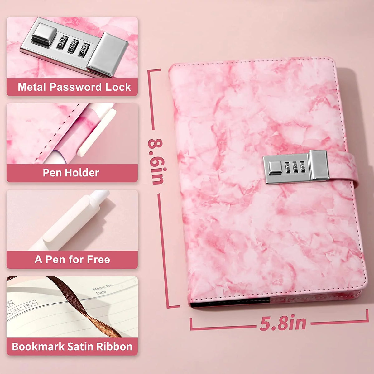 A5 Pink Marble Diary with Lock for Girls and Women, Notebook with Pen,Password Locked Journal for Girls 8-12 Gifts