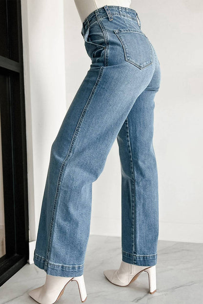 Medium wash loose leg jeans with Dusk Blue multi buttons design.