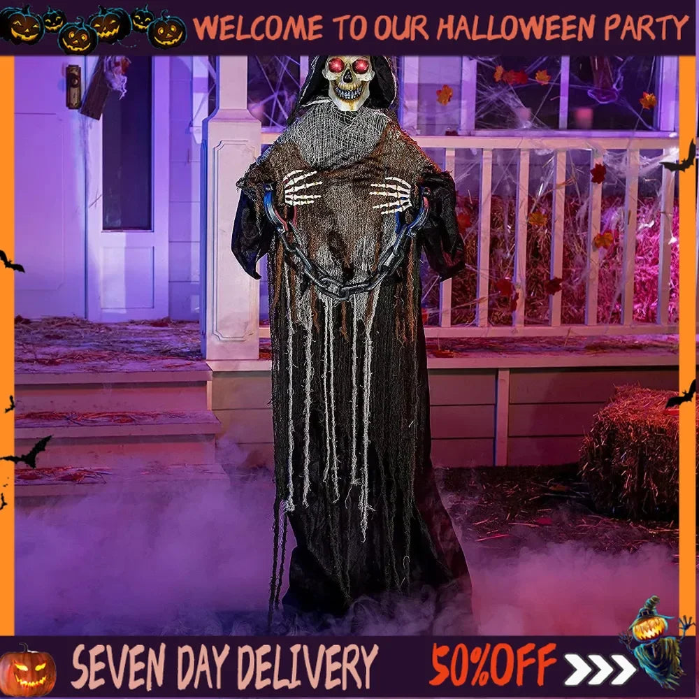 Halloween Grim Reaper with Chain, Halloween Skeleton Life Size with Light-Up Eyes and Creepy Sound, Scary Decorations Props