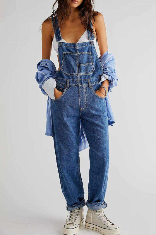 Wide strap square neck denim overalls with adjustable straps and pockets for a trendy, casual look.