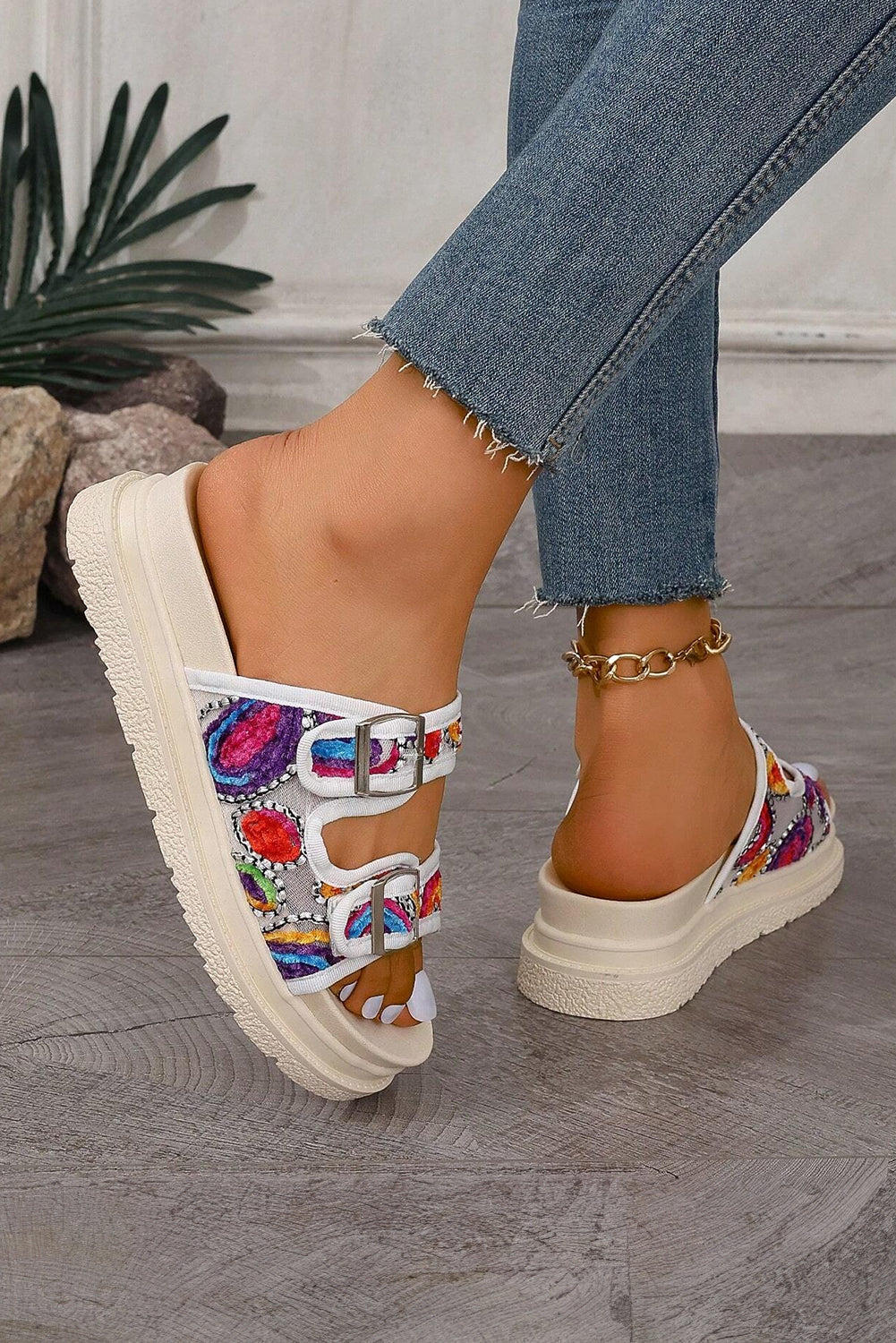 White Crochet Cut Out Buckle Strap Thick Sole Slippers