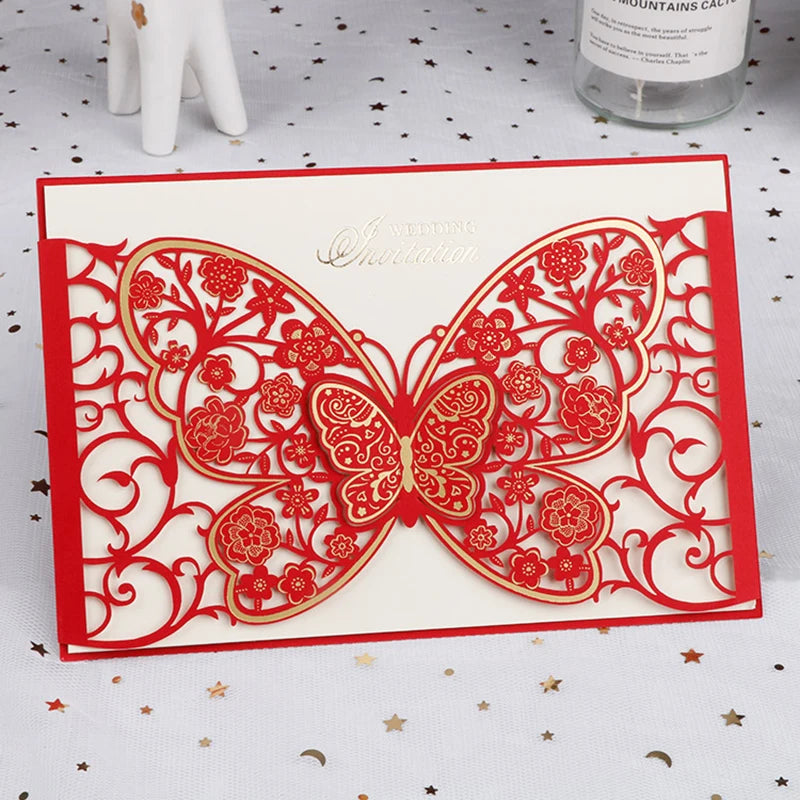 100Pcs Butterfly Laser Cut Wedding Invitation Cards Hollow Flora Greeting Cards Customized Wedding Decoration Party Supplies