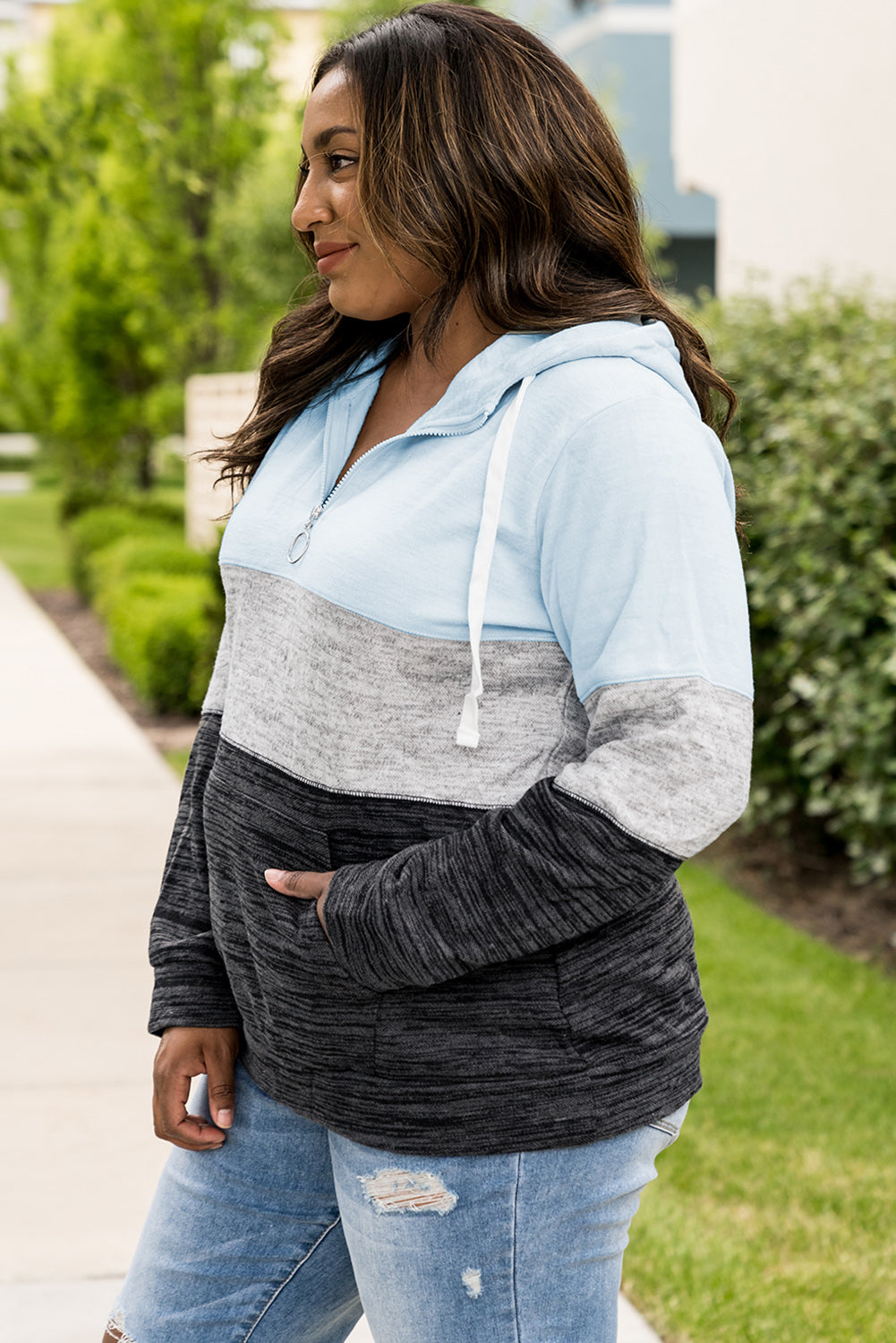 Sky Blue Color Block Long Sleeve Zipper Plus Size Hoodie