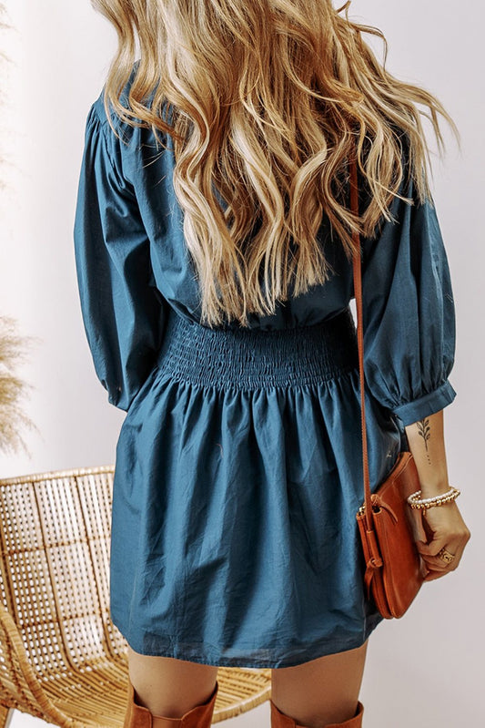 Prussian Blue 3 4th Sleeve Shirred High Waist Buttoned Mini Dress