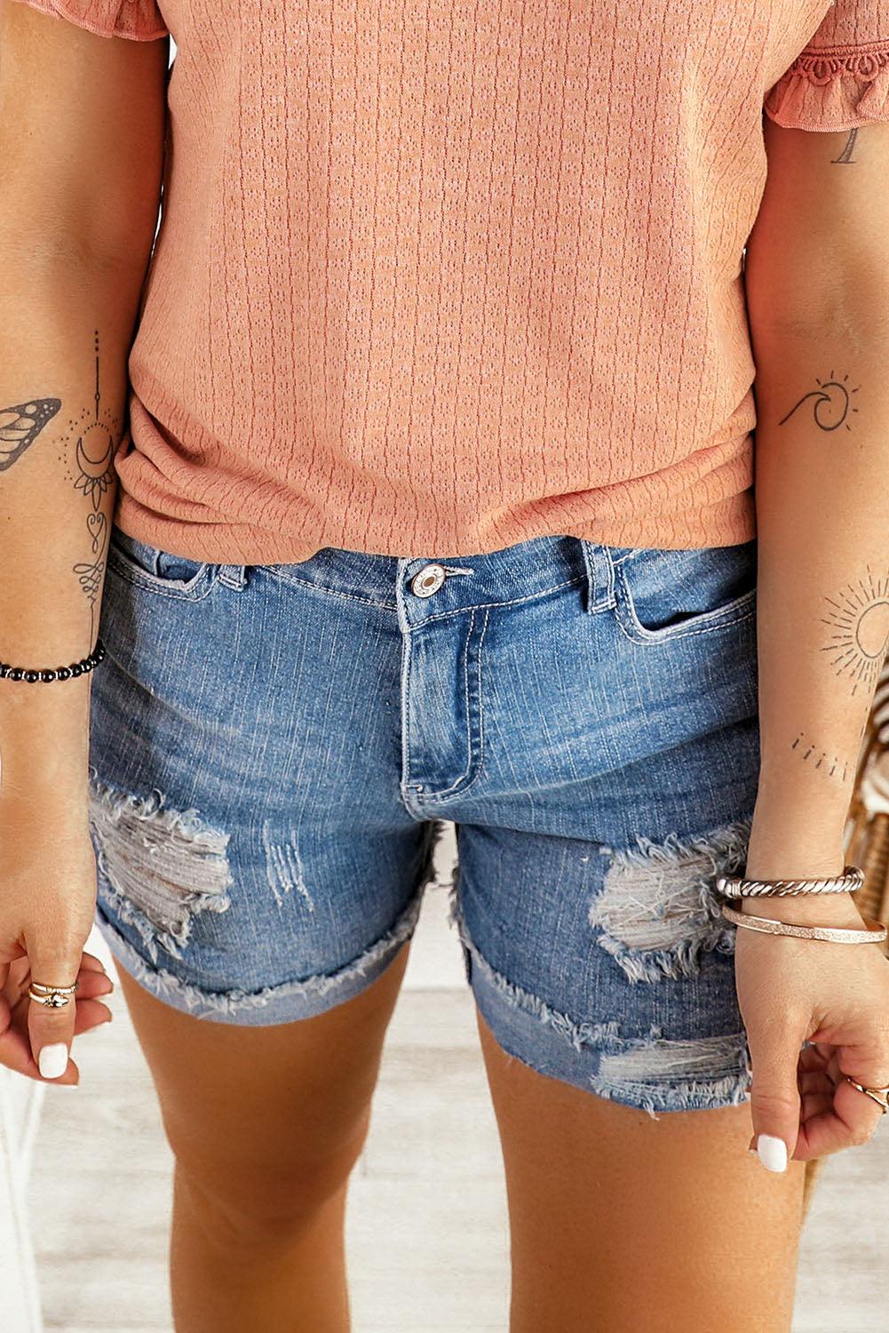 sky blue denim shorts shirt untucked 