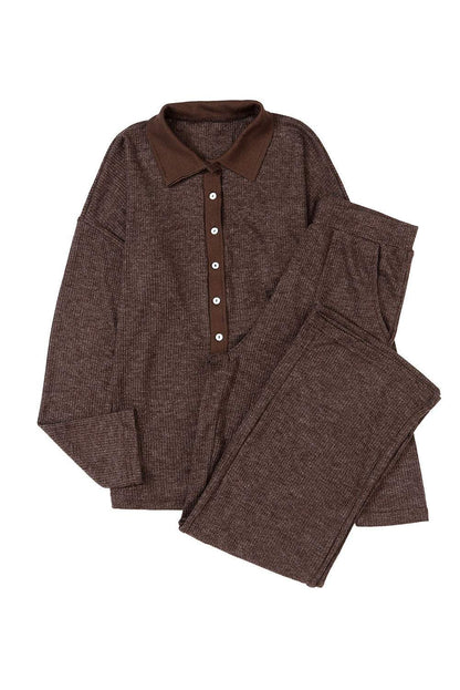 Brown Ribbed Knit Collared Henley Top