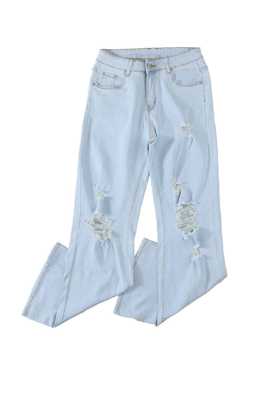 Sky Blue Washed Ripped Knee Wide Legs Jeans