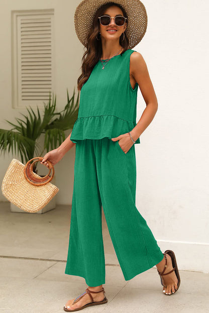 Ensemble débardeur et pantalon côtelés de couleur unie verte