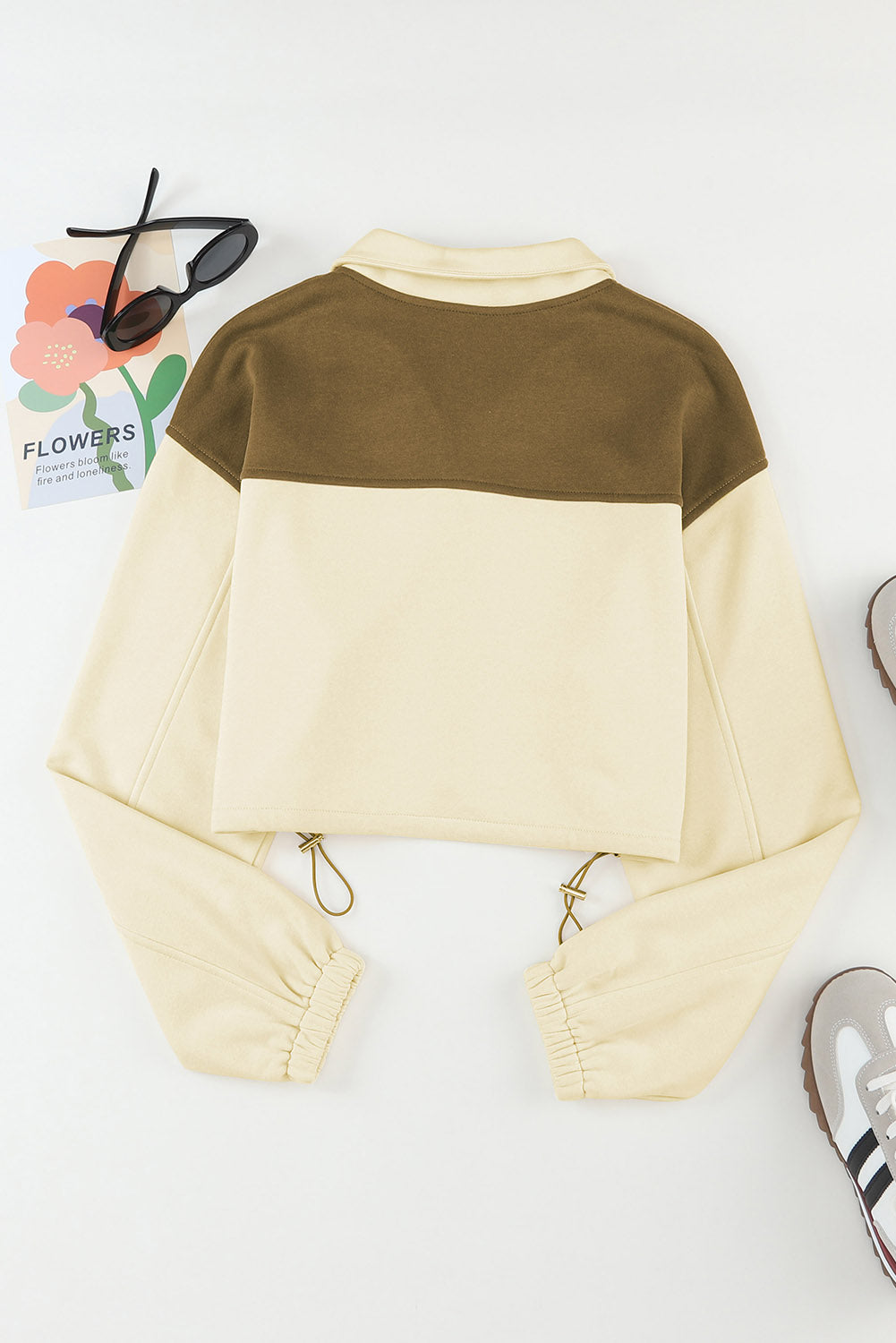 Beige Color Block Drawstring Cropped Athleisure Jacket