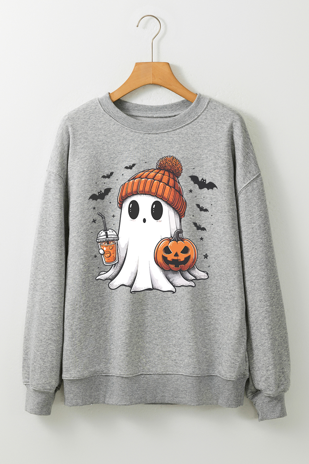 Sweat-shirt ras du cou gris à imprimé fantôme d'Halloween et épaules tombantes