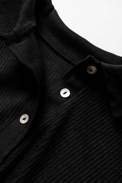Brown Ribbed Knit Collared Henley Top