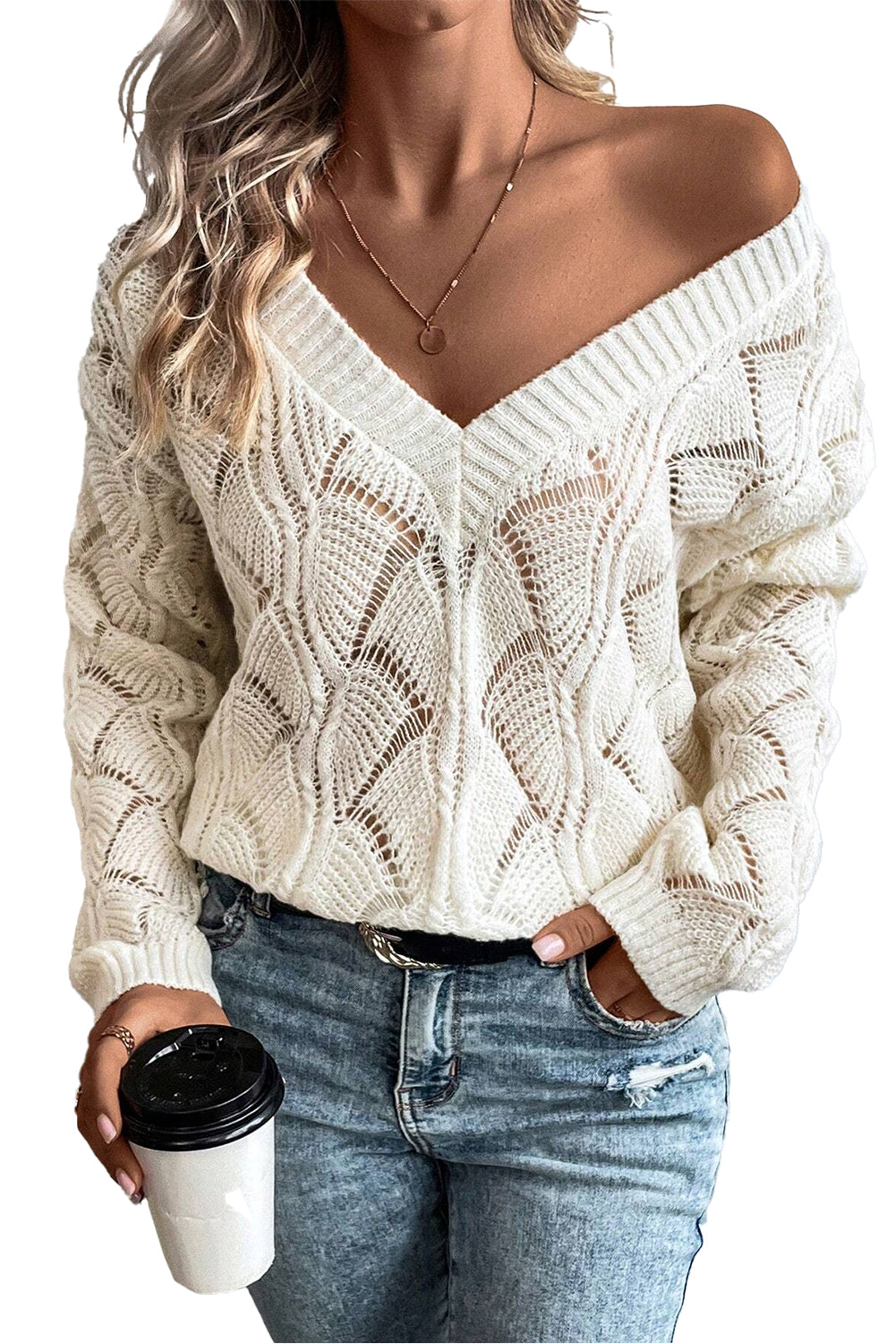 Beige Hollow Out Knit V Neck Drop Shoulder Sweater