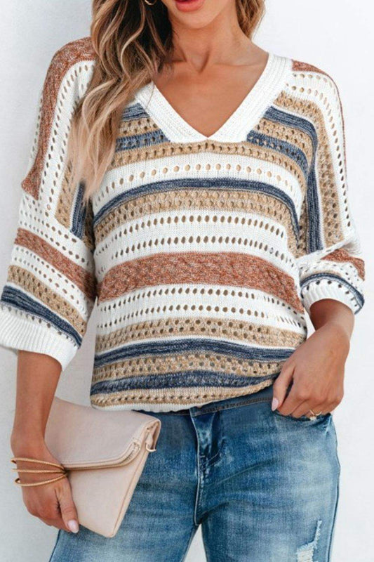 Hollow Out Half Sleeve Striped Knit Top in breathable fabric, featuring bold stripes and casual style.