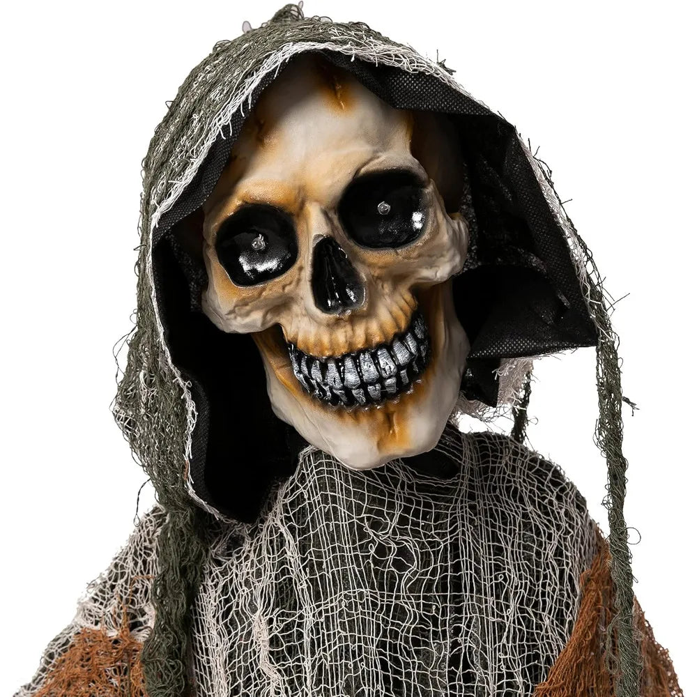 Halloween Grim Reaper with Chain, Halloween Skeleton Life Size with Light-Up Eyes and Creepy Sound, Scary Decorations Props