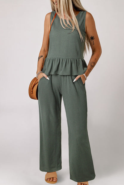 Ensemble débardeur et pantalon côtelés vert uni à volants