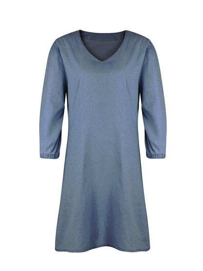 Full size V-neck half sleeve dress in solid blue, no stretch material.