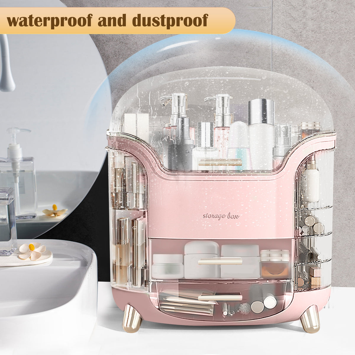 Rotating Makeup Organizer, Waterproof& Dustproof Cosmetic Organizer Box with Lid, Large Capacity Vanity Storage, Makeup Display Boxes for Bathroom Countertop, Bedroom, Dresser,Pink