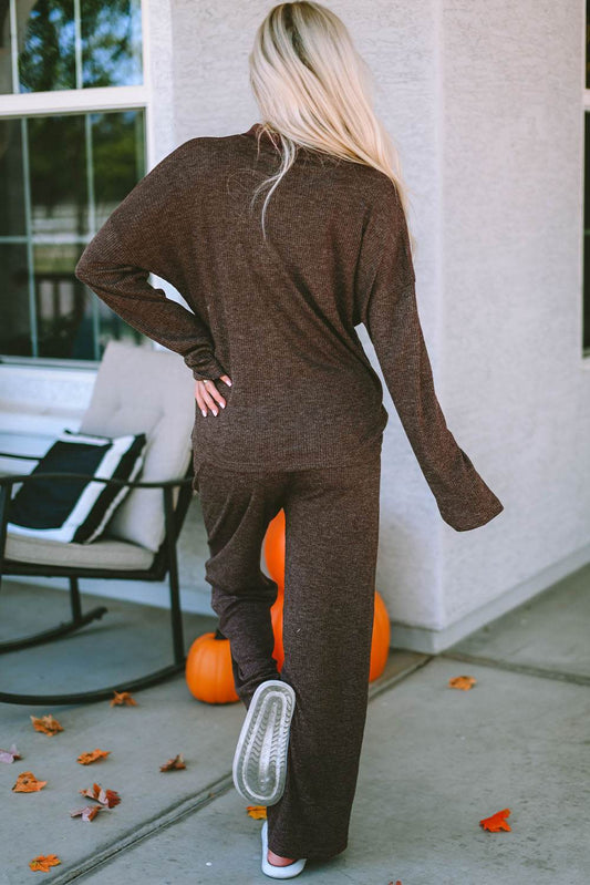 Brown Ribbed Knit Collared Henley Top