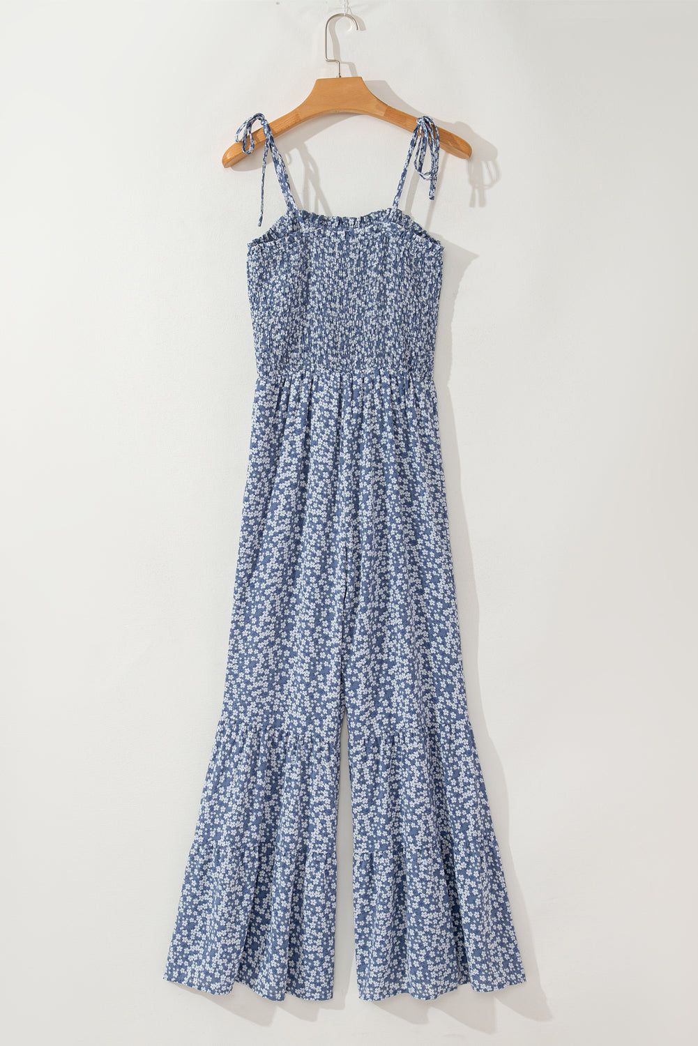 Dusk Blue Floral Smocked Bodice Wide Leg Jumpsuit