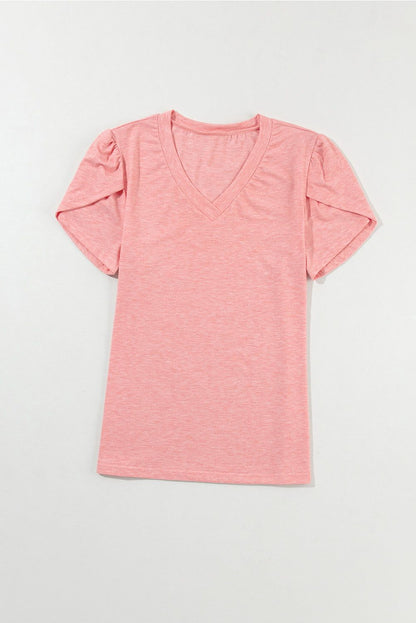 Rose tan petal sleeve V-neck soft breathable casual t-shirt for women