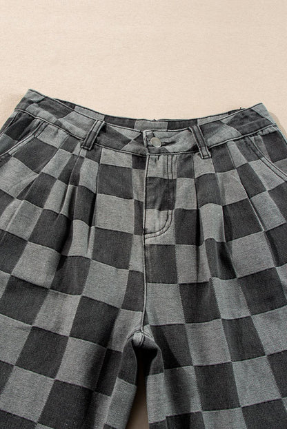 Dark grey checkered wide-leg denim jeans with button closure and pleated design.