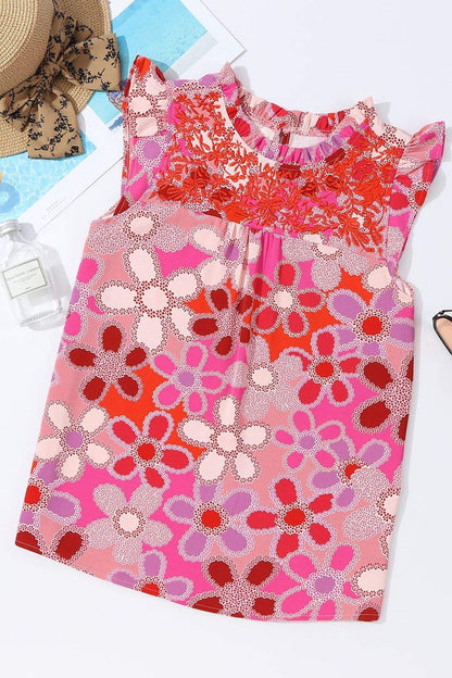 Floral Ruffled Cap Sleeve Blouse with Embroidered Detail in vibrant pink and red floral pattern.