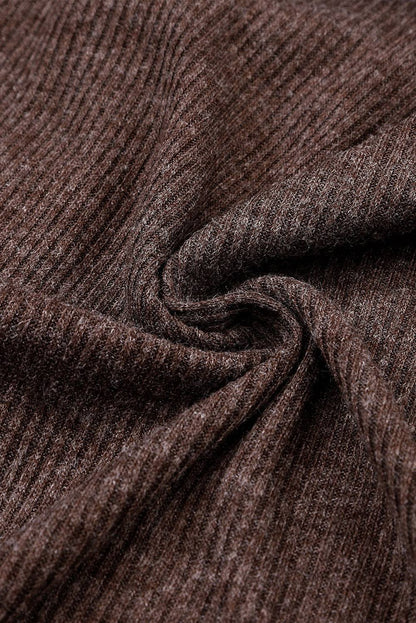 Brown Ribbed Knit Collared Henley Top