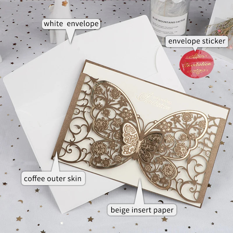 100Pcs Butterfly Laser Cut Wedding Invitation Cards Hollow Flora Greeting Cards Customized Wedding Decoration Party Supplies