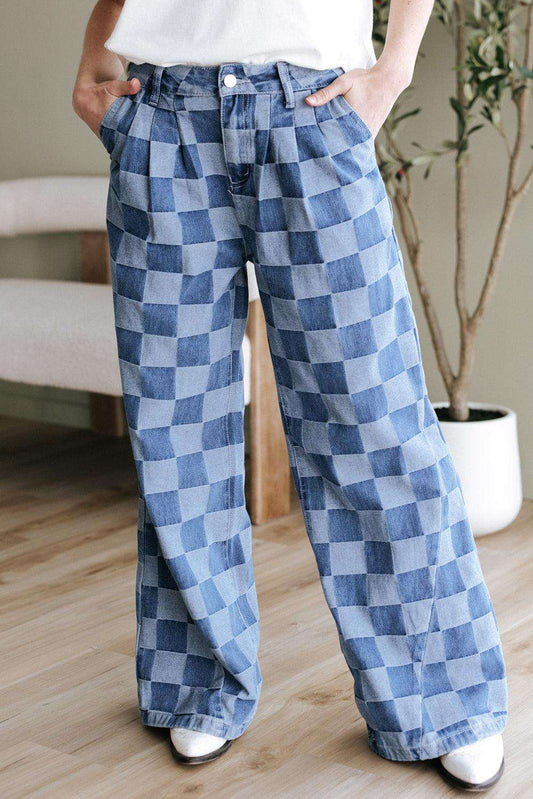 Dusk blue checkered denim wide leg jeans with pleated design and casual fit.