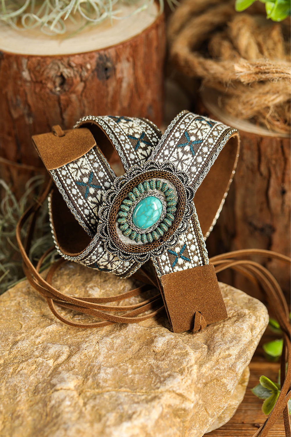 Light Blue Western Pattern Turquoise Decor Lace-up PU Leather Hat Band