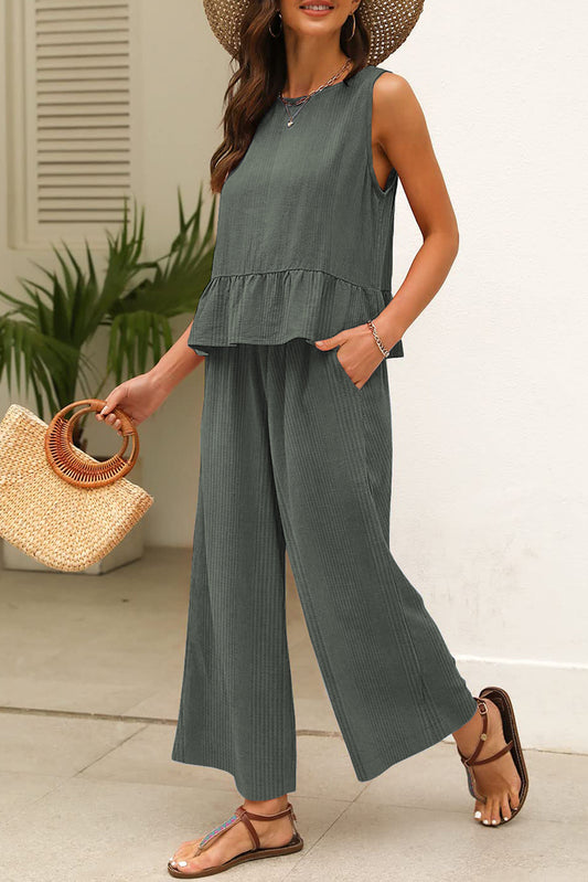 Ensemble débardeur et pantalon côtelés vert uni à volants