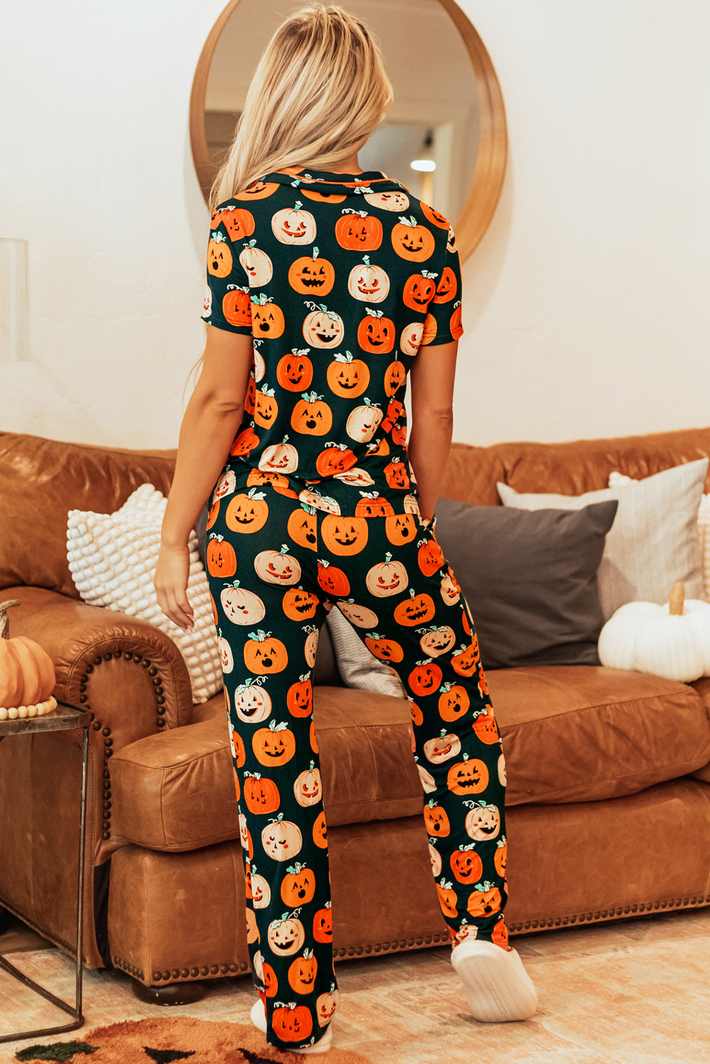 Black Halloween Pattern Short Sleeve Shirt Pajama Set