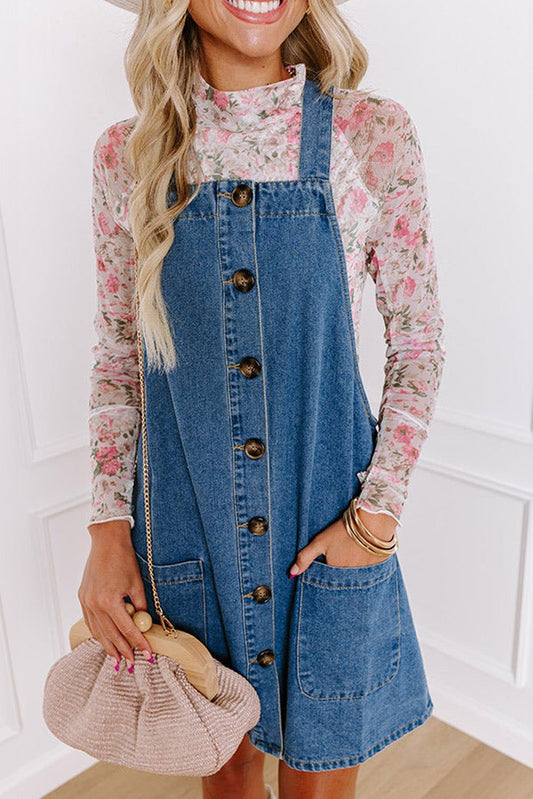 Dusk Blue Wide Strap Button Front Denim Mini Dress with Pockets