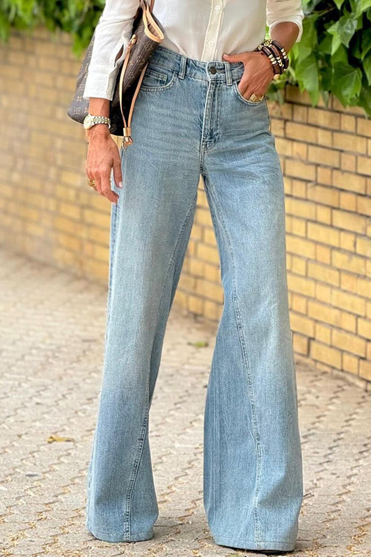 Dusk blue acid wash wide leg high waist jeans design for women.