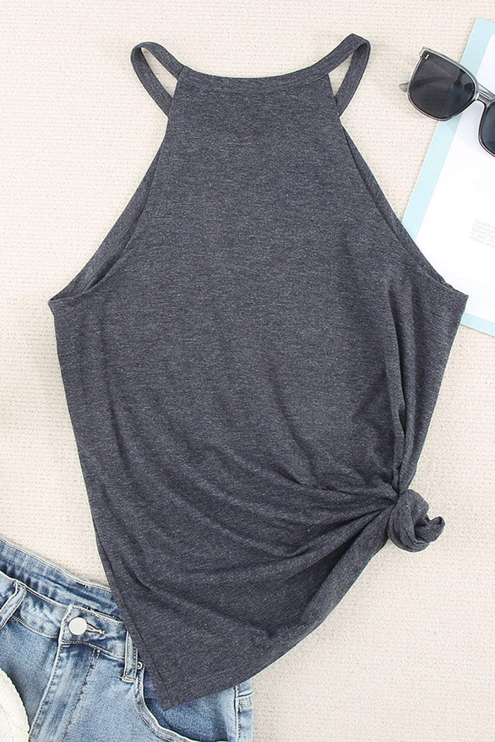 Grey Solid Color Crew Neck Tank Top