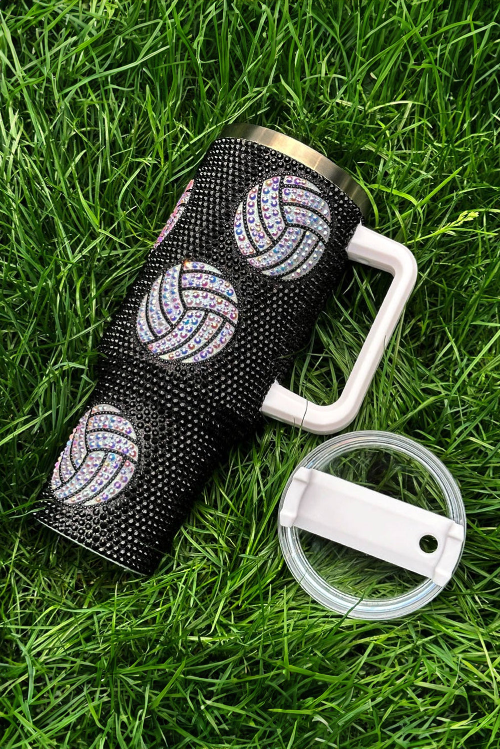 White 40 Oz Rhinestone Volleyball Tumbler with Handle