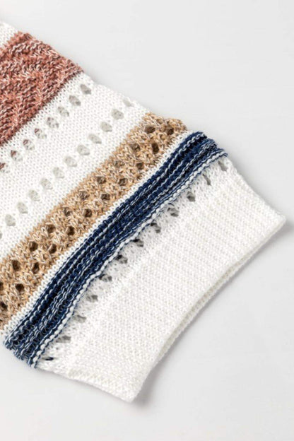 Hollow Out Half Sleeve Striped Knit Top with intricate knit pattern and bold stripes.
