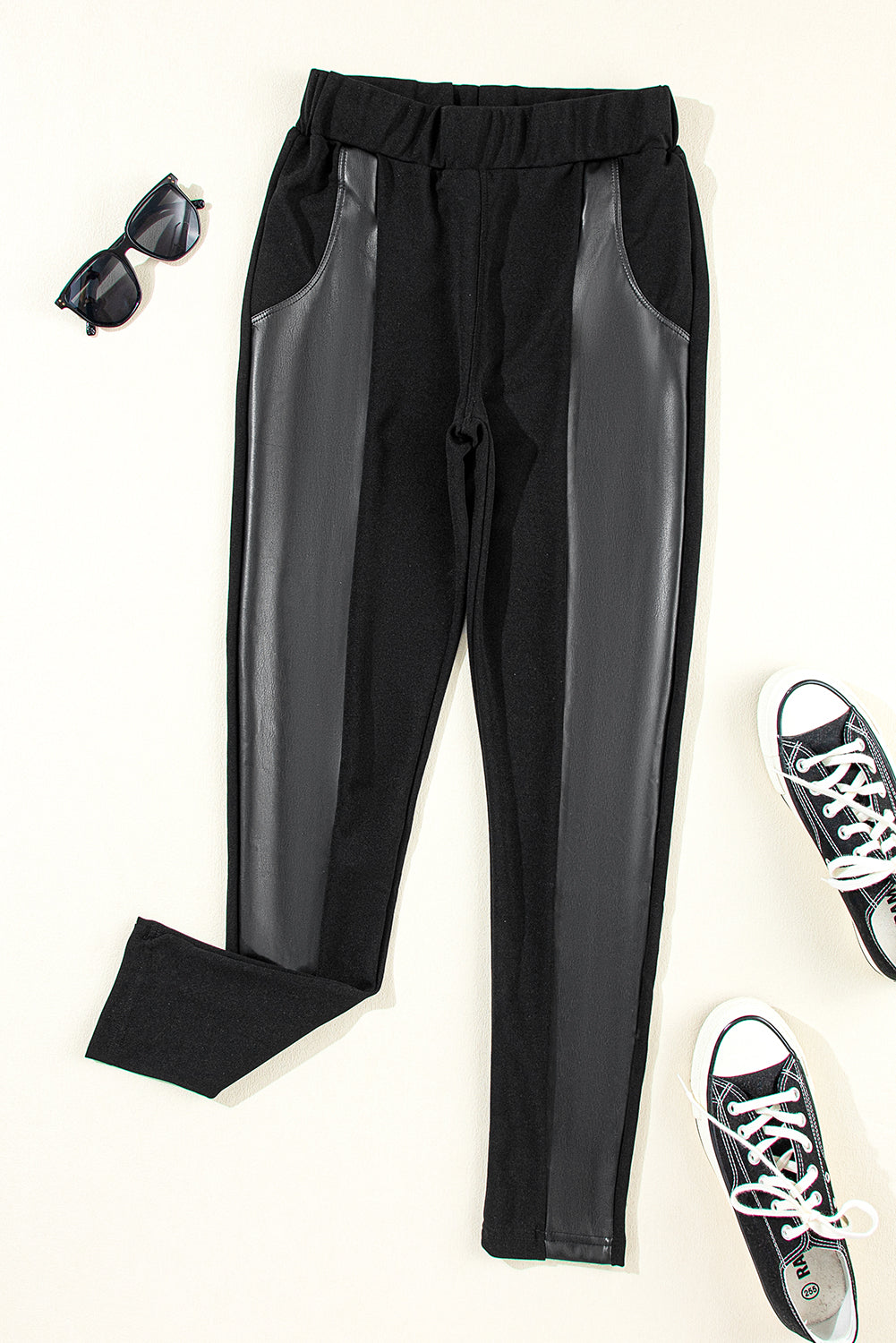 Black Faux Leather Panel Patchwork High Waist Leggings